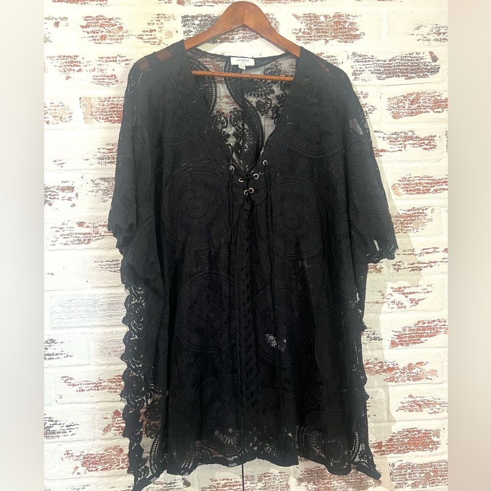 Umgee Kimono Cover Up Caftan Lace Black Size S/M